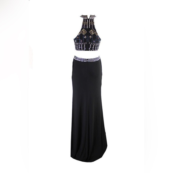 Xscape Black Sleeveless Beaded Cutout Halter Gown Size 2 - Picture 2 of 9